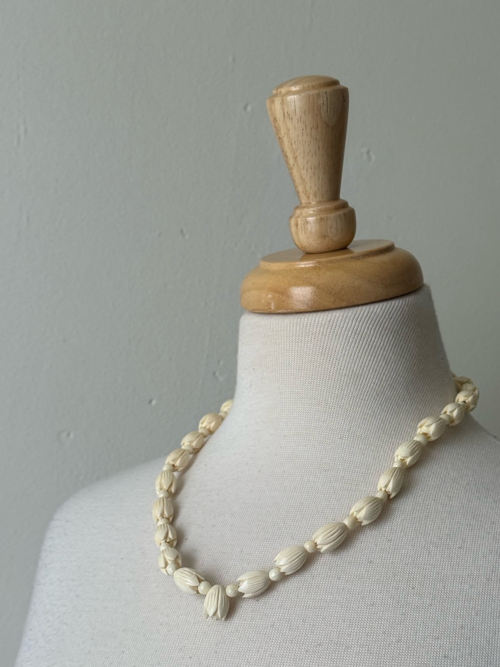 Vintage Hand-Carved Bone Bead Necklace Ivory Floral Necklace